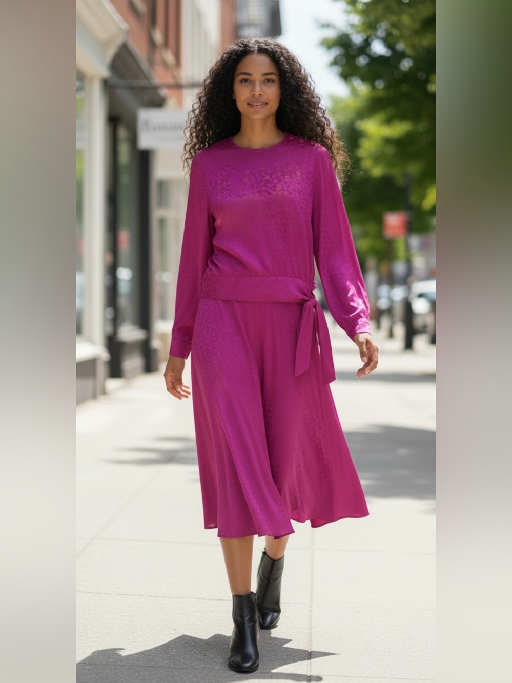 Albert Nipon Jewel‑Tone Magenta Long‑Sleeve Midi Dress